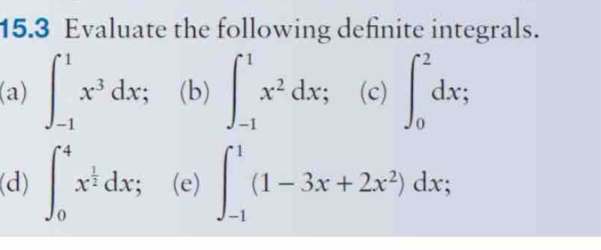 15.3 Evaluate the following definite integrals. 
(a) ∈t _(-1)^1x^3dx;(b) ∈t _(-1)^1x^2dx; (c) ∈t _0^(2dx; 
(d) ∈t _0^4x^frac 1)2dx; (e)∈t _(-1)^1(1-3x+2x^2)dx; □ 