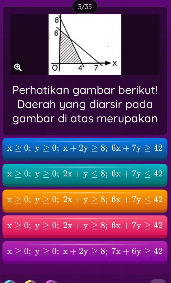 3/35
④
Perhatikan gambar berikut!
Daerah yang diarsir pada
gambar di atas merupakan
x≥ 0; y≥ 0; x+2y≥ 8; 6x+7y≥ 42
x≥ 0; y≥ 0; 2x+y≤ 8; 6x+7y≤ 42
x≥ 0; y≥ 0; 2x+y≥ 8; 6x+7y≤ 42
x≥ 0;y≥ 0; 2x+y≥ 8; 6x+7y≥ 42
x≥ 0; y≥ 0; x+2y≥ 8; 7x+6y≥ 42