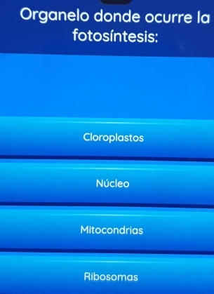 Organelo donde ocurre la
fotosíntesis:
Cloroplastos
Núcleo
Mitocondrias
Ribosomas