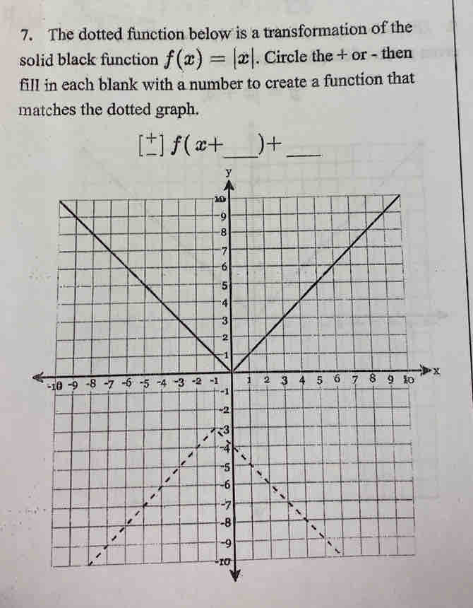 The dotted function below is a transformation of the 
solid black function f(x)=|x|. Circle the + or - then 
fill in each blank with a number to create a function that 
matches the dotted graph.
[^+]f(x+ _  )+_ 