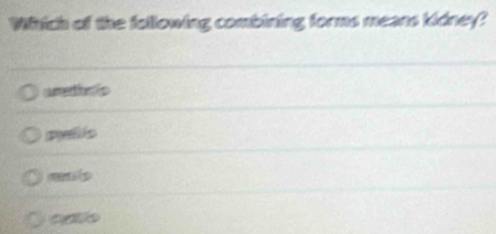 Which of the following combining forms means kidney?
unetnic
pyellis
mutils
oatlo