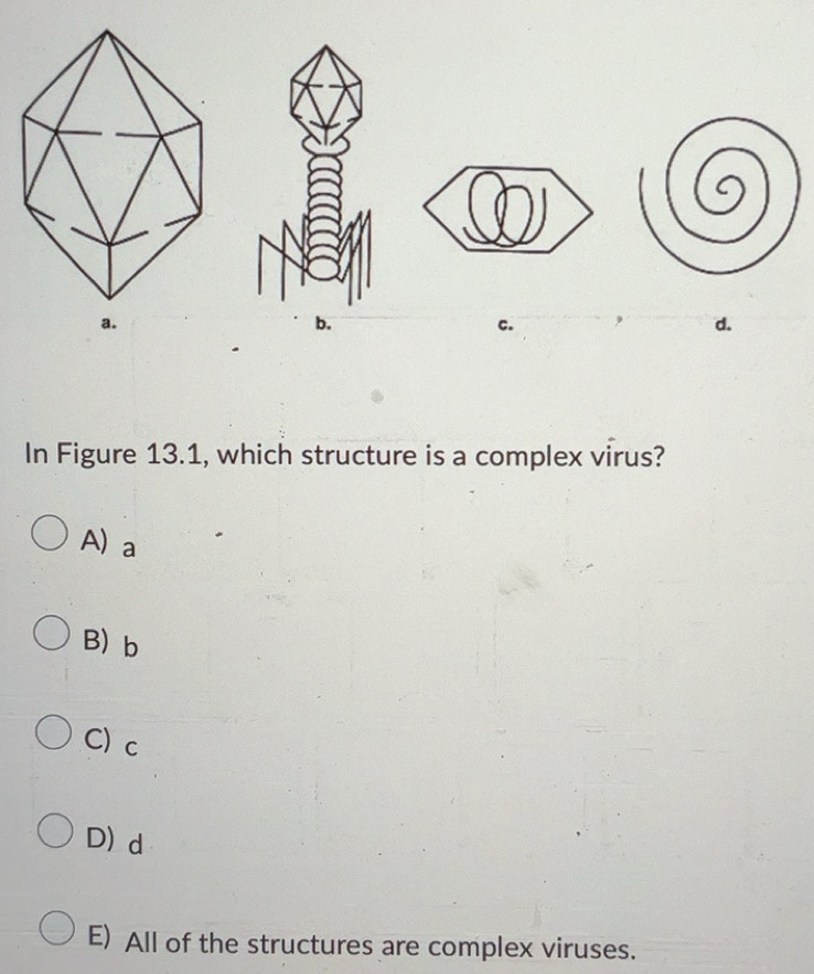 Solved: c. d. In Figure 13.1, which structure is a complex virus? A) a ...