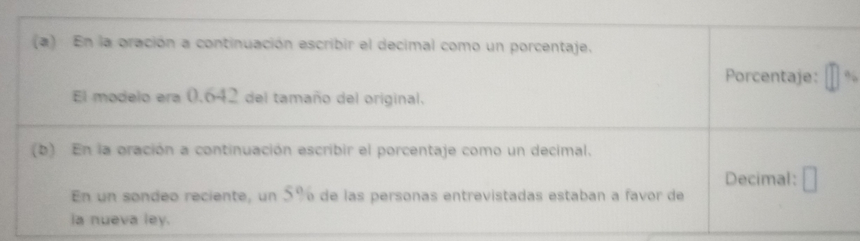 En la oración a continuación escribir el decimal como un porcentaje. 
Porcentaje: ” 
El modelo era 0.642 del tamaño del original. 
(b) En la oración a continuación escribir el porcentaje como un decimal. 
Decimal: 
En un sondeo reciente, un 5ñ de las personas entrevistadas estaban a favor de 
ia nueva ley.