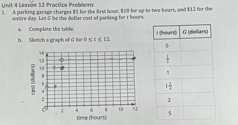 Lessön 12 Practice Problems
1. A parking garage charges $5 for the first hour, $10 for up to two hours, and $12 for the
entire day. Let G be the dollar cost of parking for t hours.
a. Complete the table.
b. Sketch a graph of G for 0≤ t≤ 12.