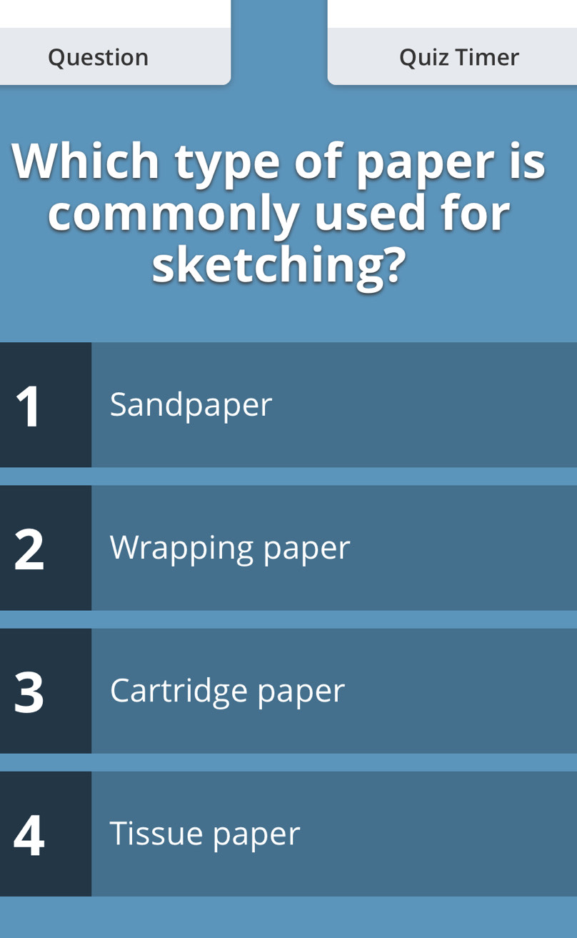 Question Quiz Timer
Which type of paper is
commonly used for
sketching?
1 Sandpaper
2 Wrapping paper
3 Cartridge paper
4 Tissue paper