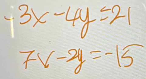 -3x-4y≤ 21
7v-2y=-15