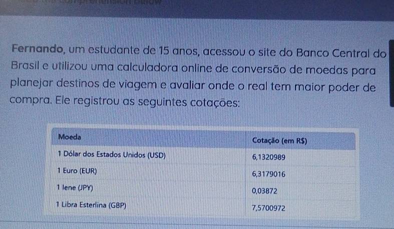 Fernando, um estudante de 15 anos, acessou o site do Banco Central do 
Brasil e utilizou uma calculadora online de conversão de moedas para 
planejar destinos de viagem e avaliar onde o real tem maior poder de 
compra. Ele registrou as seguintes cotações: