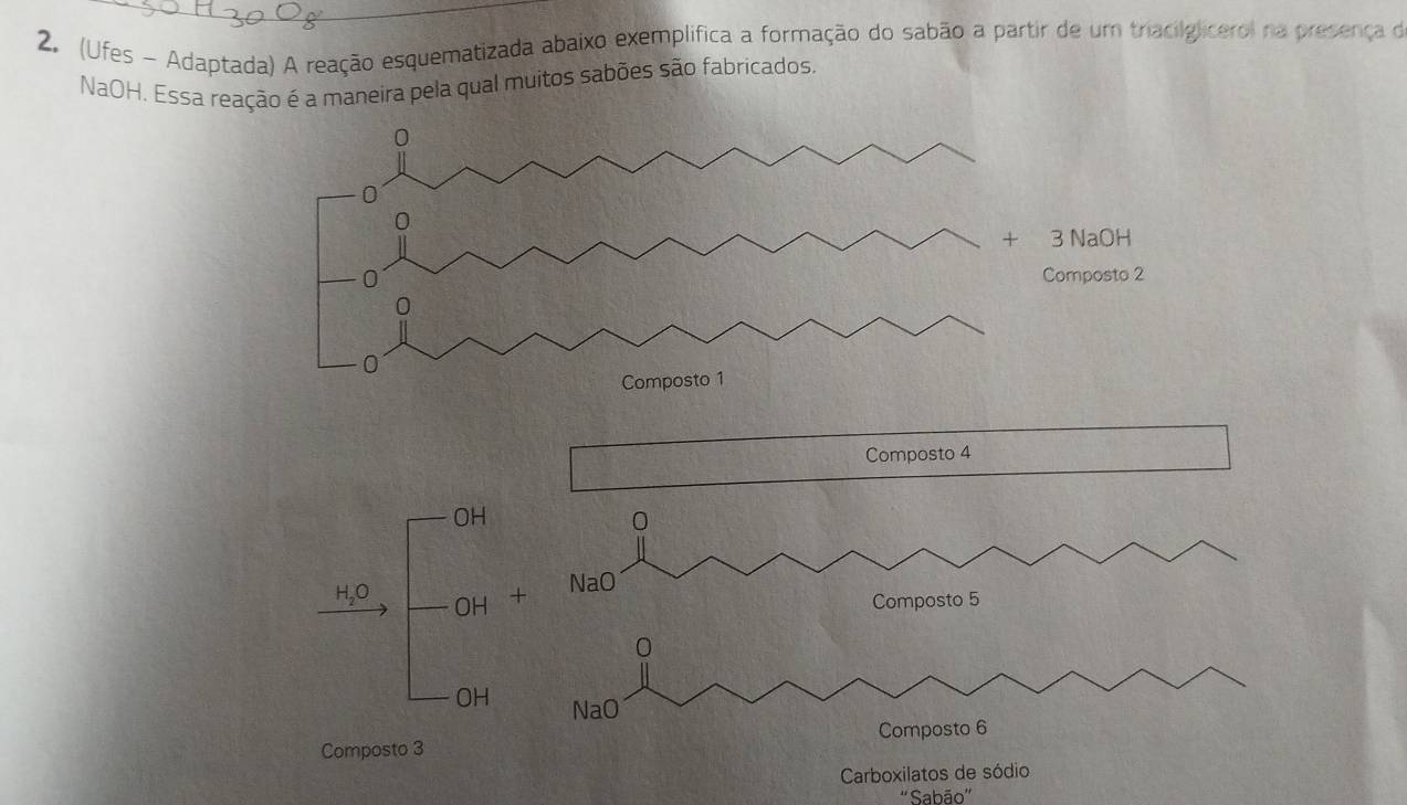 (Ufes ~ Adaptada) A reação esquematizada abaixo exemplifica a formação do sabão a partir de um triacilglicerol na presença de 
NaOH. Essa reação é a maneira pela qual muitos sabões são fabricados. 
Composto 4
OH 
0 
NaO
H_2O O H + Composto 5
OH NaO 
Composto 3 Composto 6
Carboxilatos de sódio 
''Sabão''