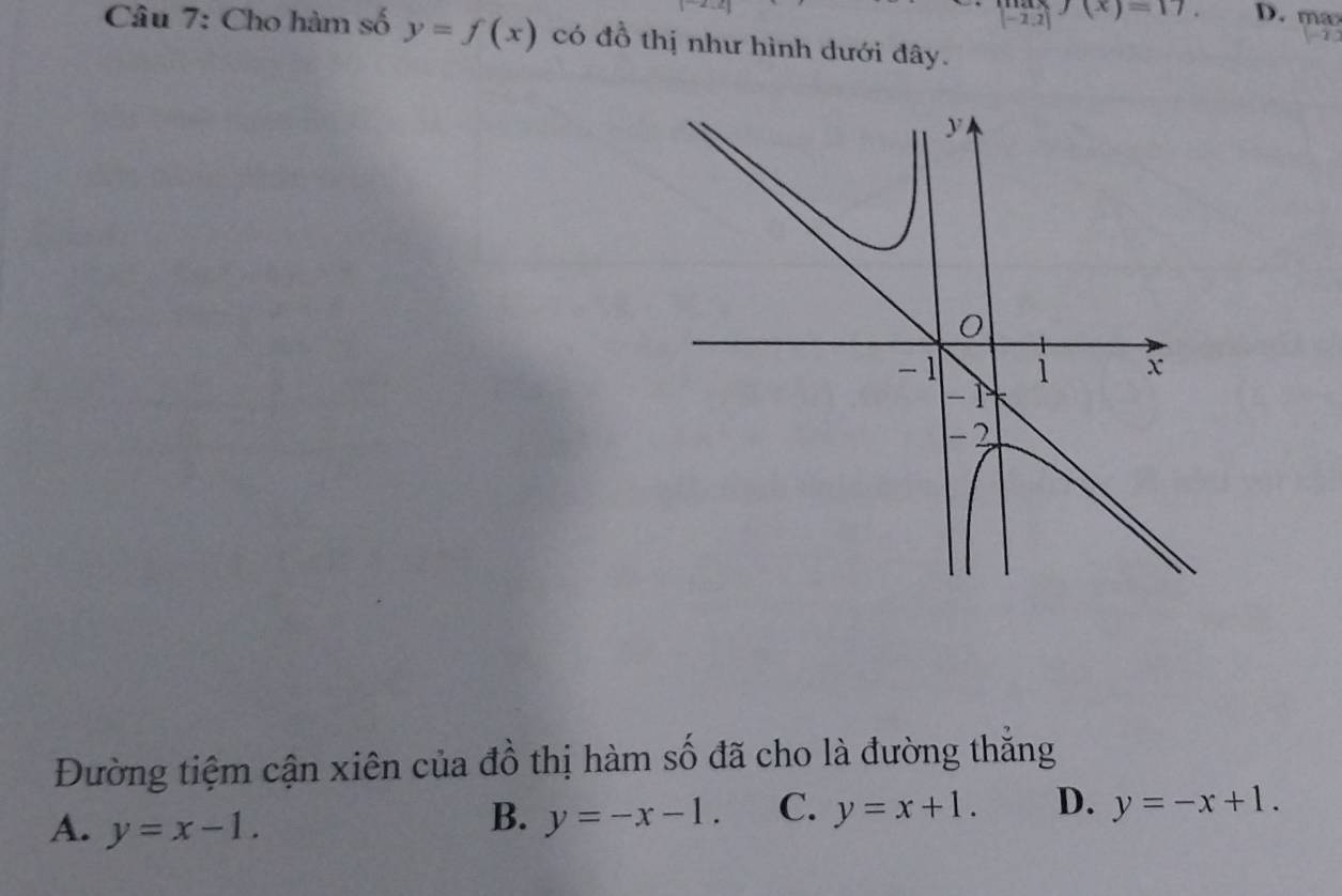 [beginarrayr uvto (x)=17. -endarray D. max
Câu 7: Cho hàm số y=f(x) có đồ thị như hình dưới đây.
Đường tiệm cận xiên của đồ thị hàm số đã cho là đường thăng
A. y=x-1.
B. y=-x-1. C. y=x+1. D. y=-x+1.