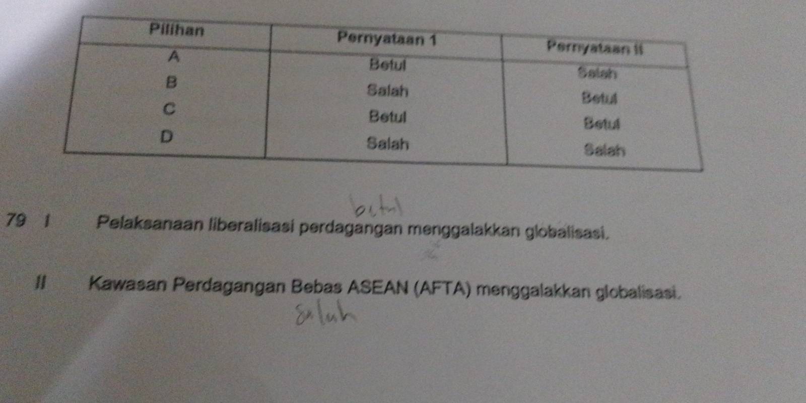 79 1 Pelaksanaan liberalisasi perdagangan menggalakkan globalisasi. 
II Kawasan Perdagangan Bebas ASEAN (AFTA) menggalakkan globalisasi.