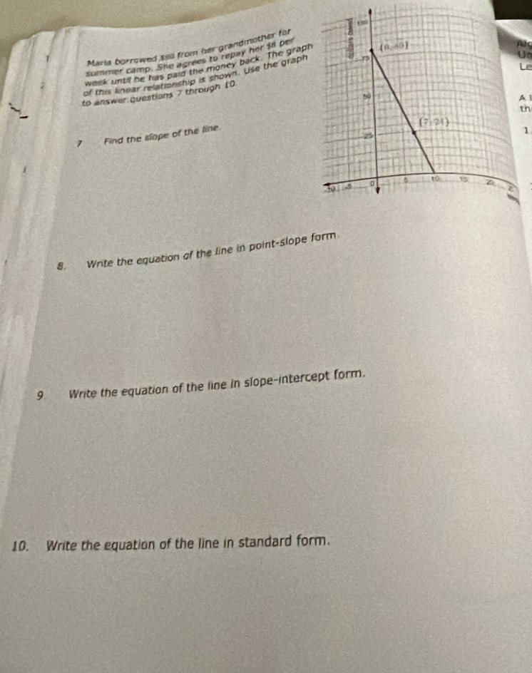 Maria borrowed 180 from her grandmother for
Summer camp. She agrees to repay her $6 per
week until be has paid the money back. The graph
AN
Le
of this knear relationship is shown. Use the graph
Un
to enswer questions 7 through 10
A
th
7 Find the slope of the line
1
8. Write the equation of the line in point-slope form
9. Write the equation of the line in slope-intercept form.
10. Write the equation of the line in standard form.