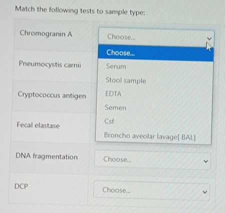 Match the following tests to sample type: