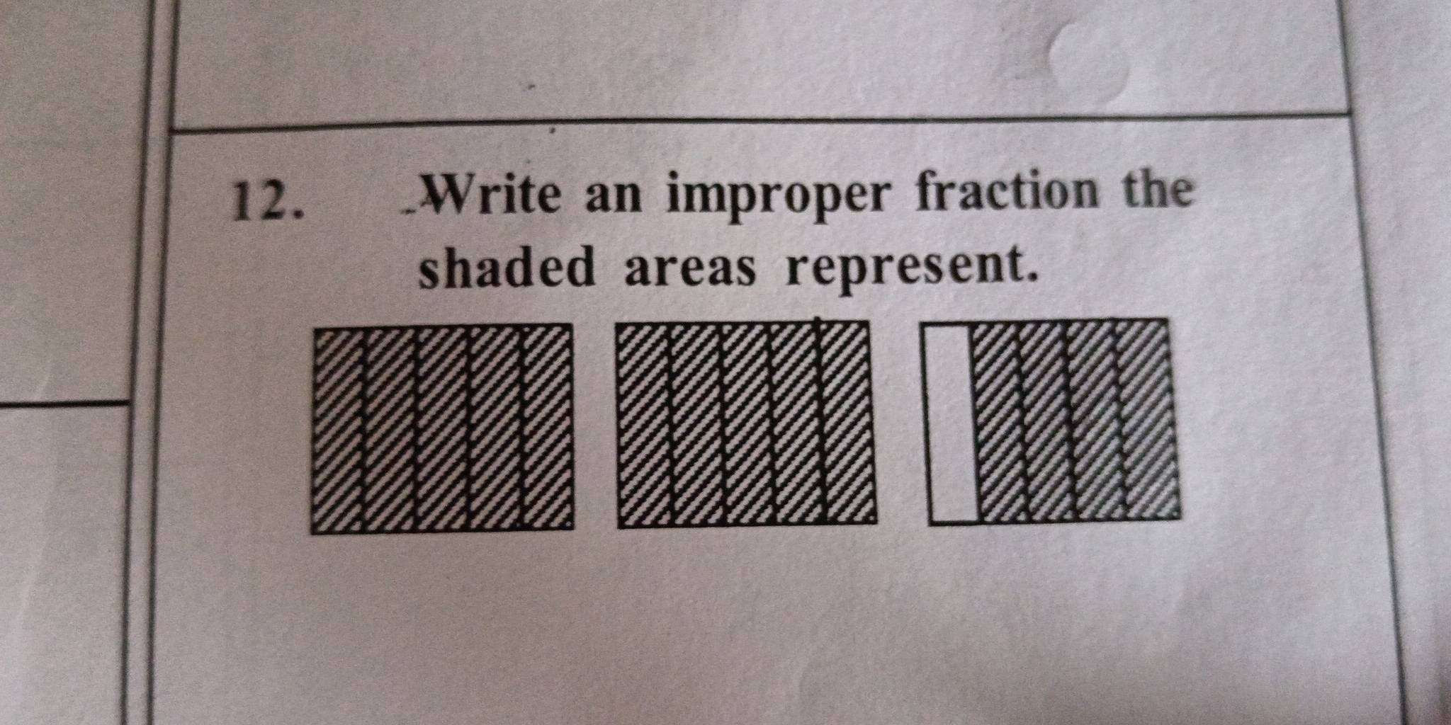 Write an improper fraction the 
shaded areas represent.