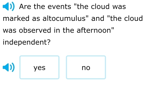 Are the events "the cloud was
marked as altocumulus" and "the cloud
was observed in the afternoon"
independent?
yes no