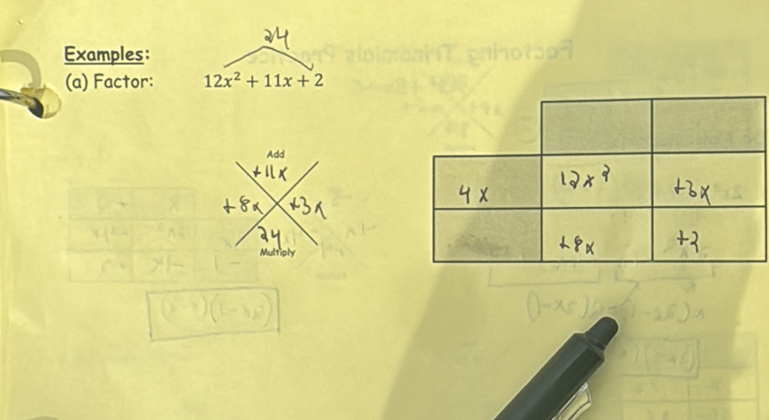 Examples: 
(a) Factor: 12x^2+11x+2
Add 
Multiply