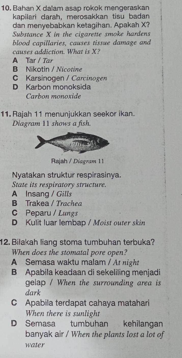 Bahan X dalam asap rokok mengeraskan
kapilari darah, merosakkan tisu badan
dan menyebabkan ketagihan. Apakah X?
Substance X in the cigarette smoke hardens
blood capillaries, causes tissue damage and
causes addiction. What is X?
A Tar / Tar
B Nikotin / Nicotine
C Karsinogen / Carcinogen
D Karbon monoksida
Carbon monoxide
11. Rajah 11 menunjukkan seekor ikan.
Diagram 11 shows a fish.
Rajah / Diagram 11
Nyatakan struktur respirasinya.
State its respiratory structure.
A Insang / Gills
B Trakea / Trachea
C Peparu / Lungs
D Kulit luar lembap / Moist outer skin
12. Bilakah liang stoma tumbuhan terbuka?
When does the stomatal pore open?
A Semasa waktu malam / At night
B Apabila keadaan di sekeliling menjadi
gelap / When the surrounding area is
dark
C Apabila terdapat cahaya matahari
When there is sunlight
D Semasa tumbuhan kehilangan
banyak air / When the plants lost a lot of
water