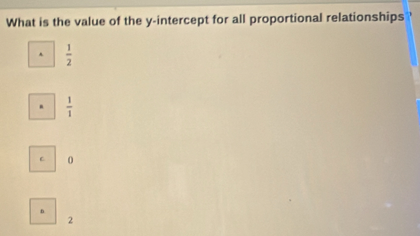 What is the value of the y-intercept for all proportional relationships
A  1/2 
 1/1 
C 0
D.
2