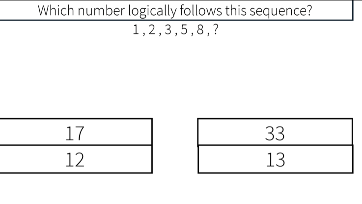 Solved: Which number logically follows this sequence? 1 , 2 , 3, 5 , 8 ...