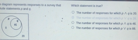 diagram represents responses to a survey that Which statement is true?
lude statements p and q.
The number of responses for which ρ ∧ q is 20.
The number of responses for whi s 26.
The number of responses for which p ∧ q is 46.
The number of respanses for which p ∨ q is 66.