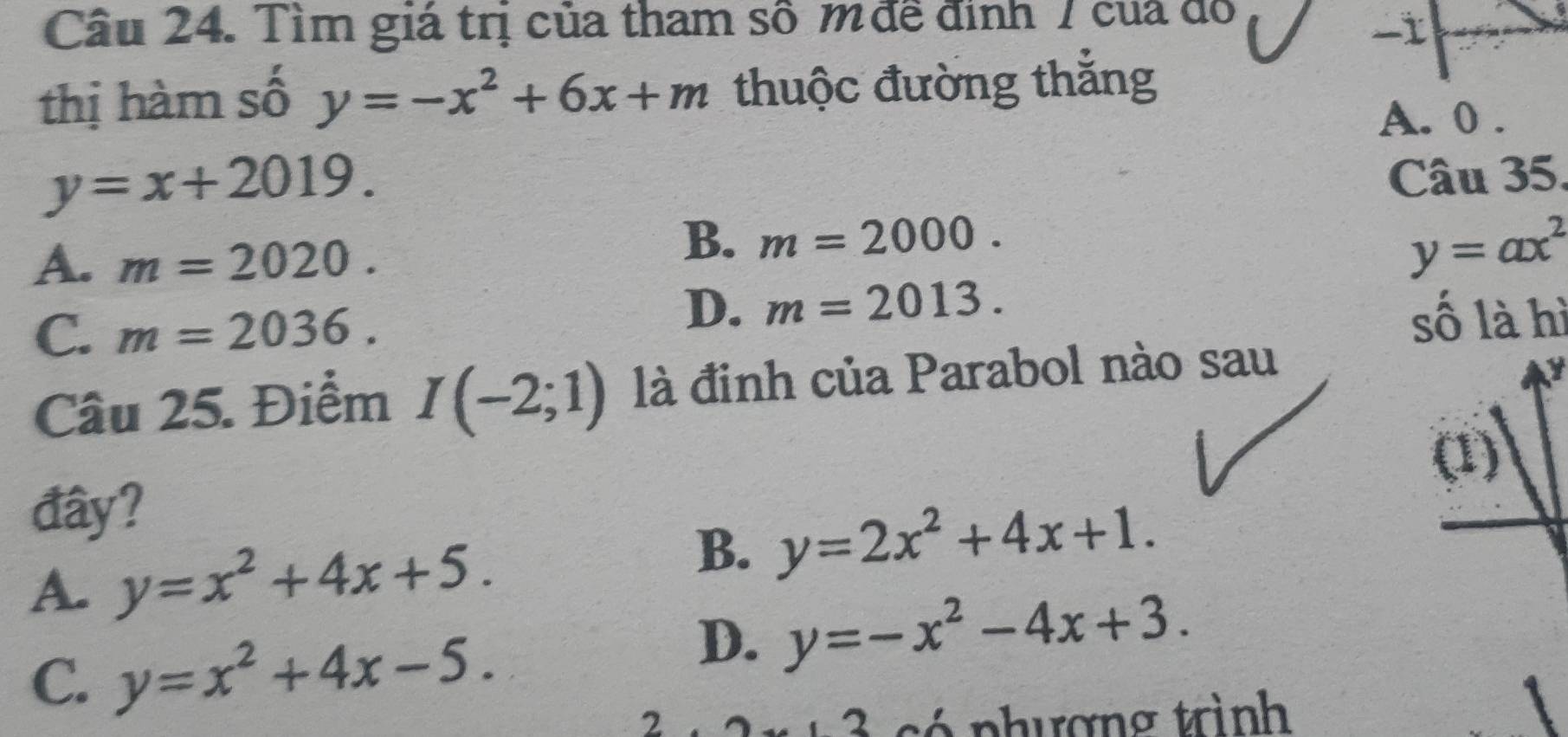 Cầu 24. Tìm giá trị của tham số m đề định 7 của đồ
-1
thị hàm số y=-x^2+6x+m thuộc đường thắng
A. 0.
y=x+2019. 
Câu 35.
A. m=2020.
B. m=2000.
y=ax^2
C. m=2036.
D. m=2013. 
số là hì
Câu 25. Điểm I(-2;1) là đinh của Parabol nào sau
(1)
đây?
A. y=x^2+4x+5.
B. y=2x^2+4x+1.
C. y=x^2+4x-5.
D. y=-x^2-4x+3. 
2 só nhượng trình