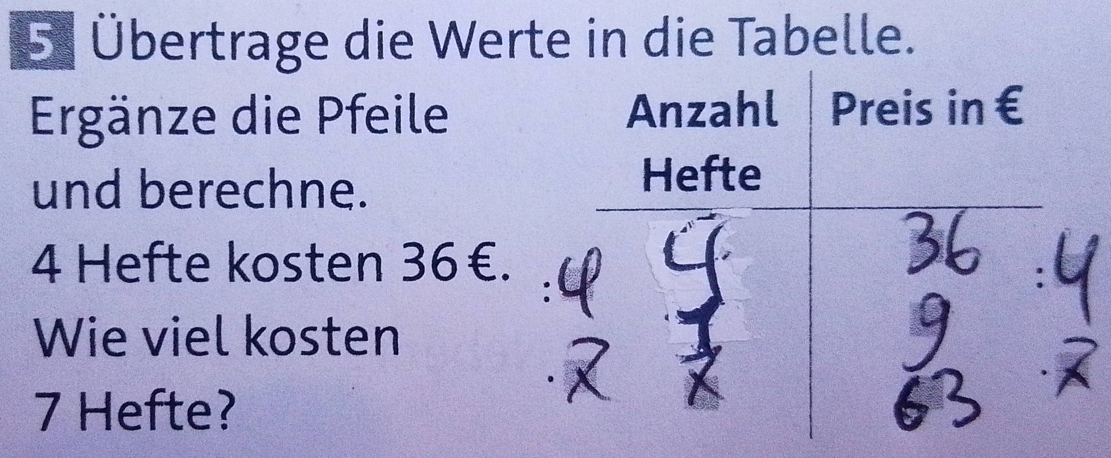 5 Übertrage die Werte in die Tabelle. 
Ergänze die Pfeile 
und berechne.
4 Hefte kosten 36€. 
Wie viel kosten
7 Hefte?