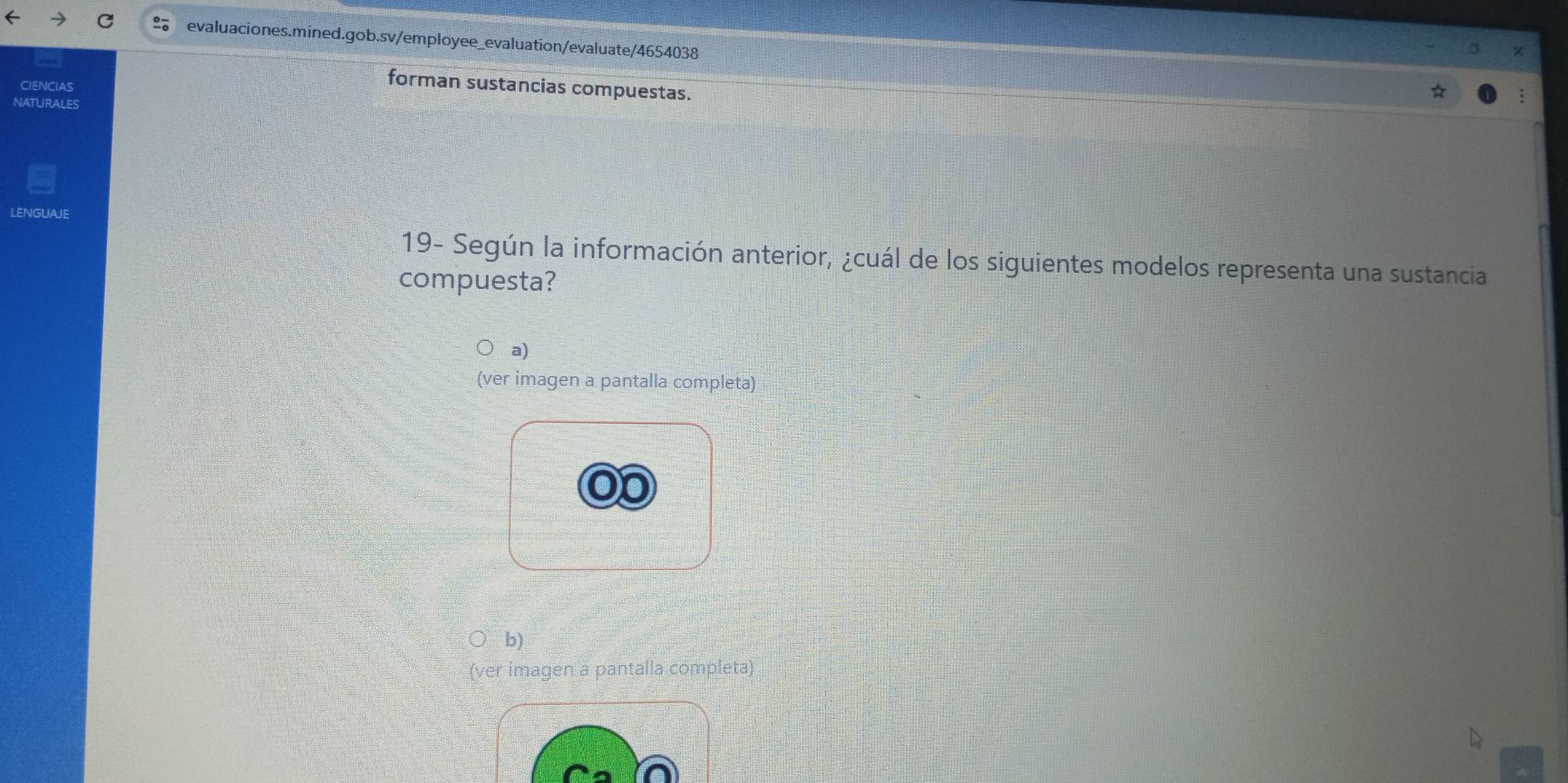 CIENCIAS
forman sustancias compuestas.
NATURALES
LENGUAJE
19- Según la información anterior, ¿cuál de los siguientes modelos representa una sustancia
compuesta?
a)
(ver imagen a pantalla completa)
b)
(ver imagen a pantalla completa)