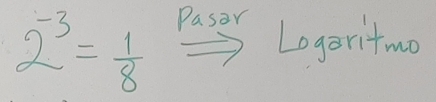 2^(-3)= 1/8 
Pasar Logaritmo