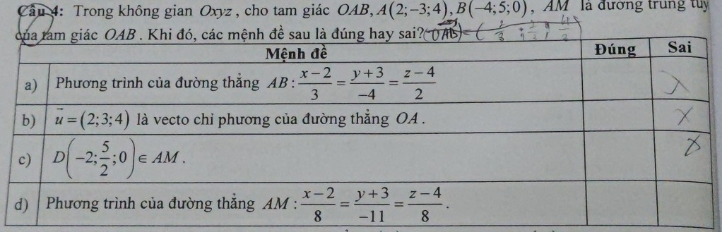 Trong không gian Oxyz , cho tam giác OAB,A(2;-3;4),B(-4;5;0) , AM là đường trung tuy