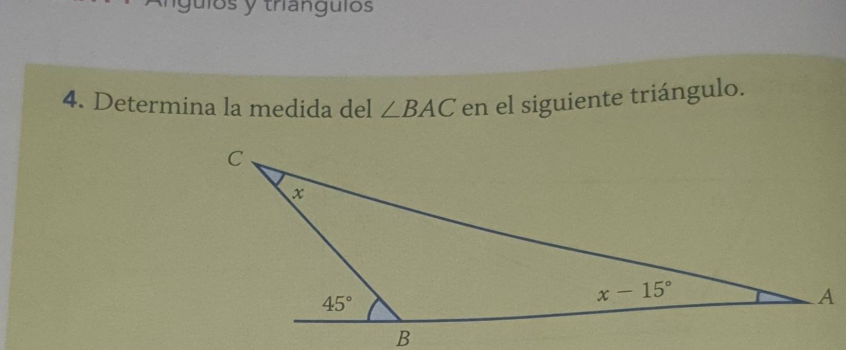 gulos y thanguios
4. Determina la medida del ∠ BAC en el siguiente triángulo.