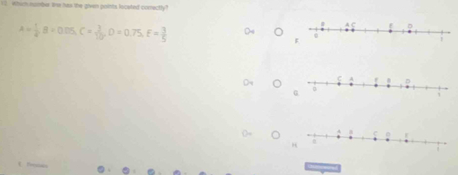 Which number The has the given points loceted correctly?
A= 1/4 , B=0.05, C= 3/10 , D=0.75, E= 3/5 