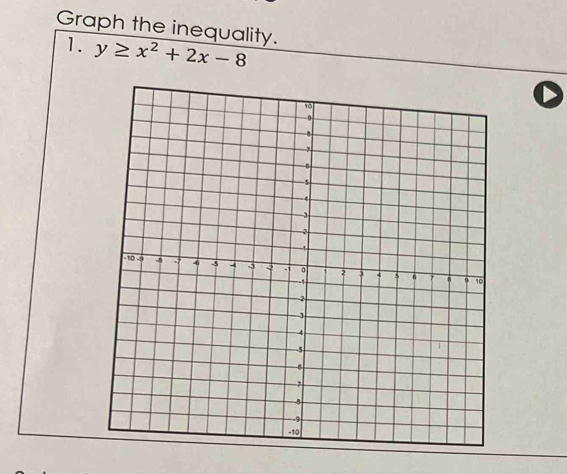 Graph the inequality. 
1. y≥ x^2+2x-8