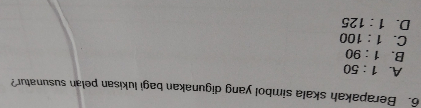 Berapakah skala simbol yang digunakan bagi lukisan pelan susunatur?
A. 1:50
B. 1:90
C. 1:100
D. 1:125