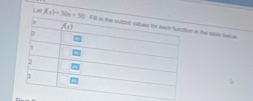 Let f(x)=30x+50 in the table below