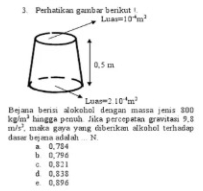 Perhatikan gambar berikut .
Luas=10^(-4)m^2
10^(-4)m^2
Bejana berisi alokohol dengan massa jenis 800
kg/m^2 hingga penuh Jika percepatan gravitasi 9.8
m/s^2 , maka gaya yang diberikan alkohol terhadap 
dasar bejana adalah ... N.
a 0,784
b 0.796
c. 0,821
d 0.838
e. 0,896