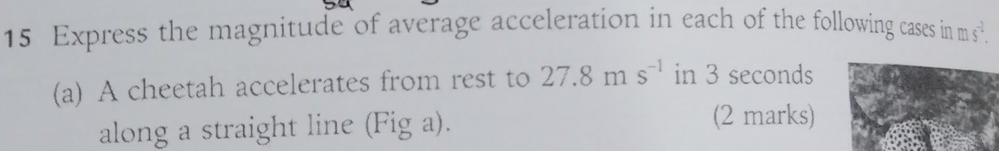 Express the magnitude of average acceleration in each of the following cases in m s. 
(a) A cheetah accelerates from rest to 27.8ms^(-1) in 3 seconds
along a straight line (Fig a). 
(2 marks)