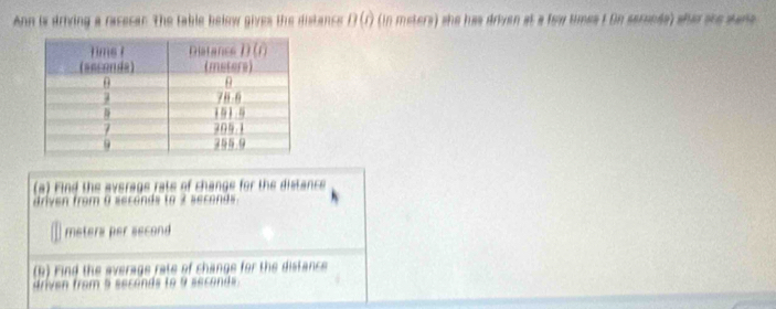 Ann is driving a racecan. The table below gives the distance B(d) (in meters) she has driven at a few times t On sersnds) she ste sare 
(a) Find the average rats of change for the distance 
riven from 0 seconds to 3 secon
meters per second
(b) Find the average rate of change for the distance 
riven from a seconds to 9 second.