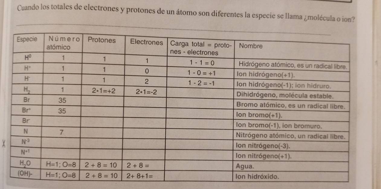 Cuando los totales de electrones y protones de un átomo son diferentes la especie se llama ¿molécula o ion?