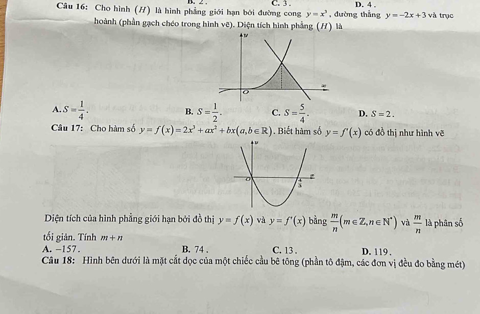 2 . C. 3 . D. 4 .
Câu 16: Cho hình (H) là hình phẳng giới hạn bởi đường cong y=x^3 , đường thẳng y=-2x+3 và trục
hoành (phần gạch chéo trong hình vẽ). Diện tích hình phẳng (H) là
B.
A. S= 1/4 . S= 1/2 . C. S= 5/4 . D. S=2.
Câu 17: Cho hàm số y=f(x)=2x^3+ax^2+bx(a,b∈ R). Biết hàm số y=f'(x) có 1 6 thị như hình vẽ
Diện tích của hình phẳng giới hạn bởi đồ thị y=f(x) và y=f'(x) bǎng  m/n (m∈ Z,n∈ N^*) và  m/n  là phân số
tối giản. Tính m+n
A. -157 . B. 74 . C. 13 . D. 119.
Câu 18: Hình bên dưới là mặt cắt dọc của một chiếc cầu bê tông (phần tô đậm, các đơn vị đều đo bằng mét)