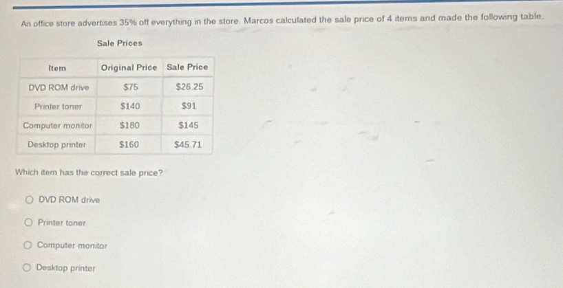 An office store advertises 35% off everything in the store. Marcos calculated the sale price of 4 items and made the following table.
Sale Prices
Which item has the correct sale price?
DVD ROM drive
Printer toner
Computer monitor
Desktop printer