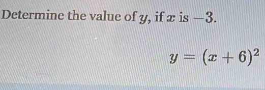 Determine the value of y, if x is —3.
y=(x+6)^2