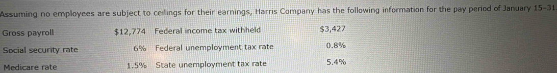 Assuming no employees are subject to ceilings for their earnings, Harris Company has the following information for the pay period of January 15-31 
Gross payroll $12,774 Federal income tax withheld $3,427
Social security rate 6% Federal unemployment tax rate 0.8%
Medicare rate 1.5% State unemployment tax rate 5.4%