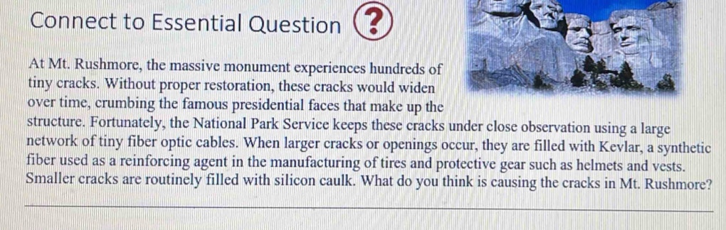 Connect to Essential Question a ? 
At Mt. Rushmore, the massive monument experiences hundreds of 
tiny cracks. Without proper restoration, these cracks would widen 
over time, crumbing the famous presidential faces that make up the 
structure. Fortunately, the National Park Service keeps these cracks under close observation using a large 
network of tiny fiber optic cables. When larger cracks or openings occur, they are filled with Kevlar, a synthetic 
fiber used as a reinforcing agent in the manufacturing of tires and protective gear such as helmets and vests. 
Smaller cracks are routinely filled with silicon caulk. What do you think is causing the cracks in Mt. Rushmore?