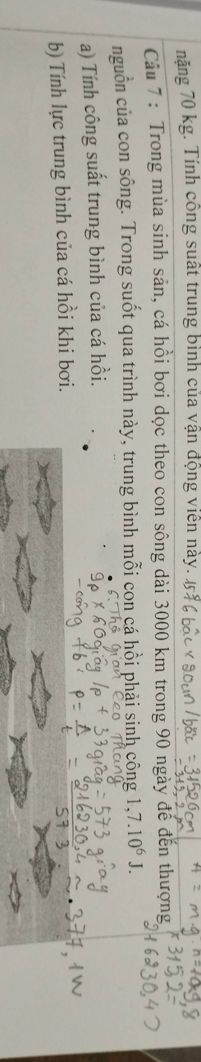 nặng 70 kg. Tính công suất trung bình của vận động viên này. 
Câu 7 : Trong mùa sinh sản, cá hồi bơi dọc theo con sông dài 3000 km trong 90 ngày đế đến thượng 
nguồn của con sông. Trong suốt qua trình này, trung bình mỗi con cá hồi phải sinh công 1,7.10^6J. 
a) Tính công suất trung bình của cá hồi. 
b) Tính lực trung bình của cá hồi khi bơi.