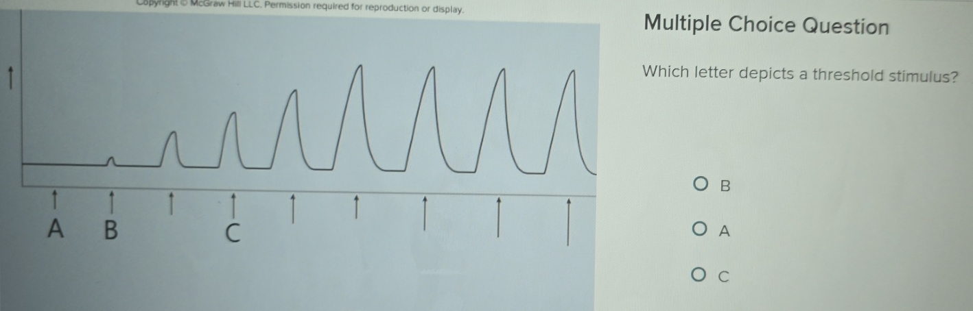 Capyright & McGraw Hill LLC. Permission required for reproduction or display. 
tiple Choice Question 
↑ 
h letter depicts a threshold stimulus? 
B 
A 
C