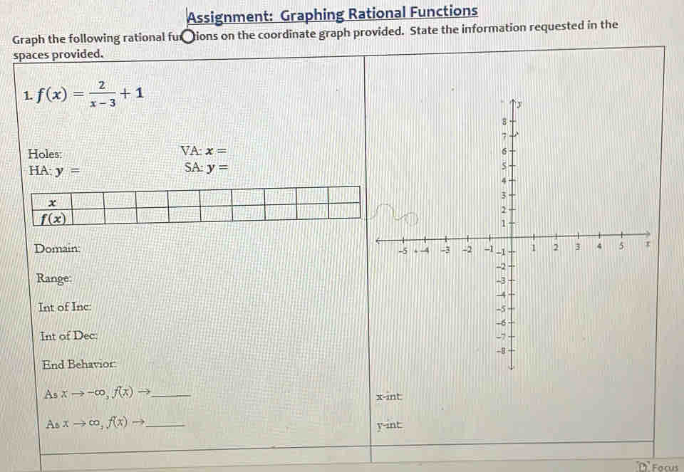 Assignment: Graphing Rational Functions 
Graph the following rational fu₹ions on the coordinate graph provided. State the information requested in the 
spaces provided. 
1. f(x)= 2/x-3 +1
VA x=
Holes: 
HA: y= SA: y=
x
_ f(x)
Domain: 
Range: 
Int of Inc: 
Int of Dec: 
End Behavior 
As xto -∈fty , f(x)to _ x -int: 
As xto ∈fty , f(x)to _ y -int 
D Focus