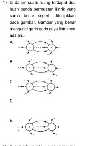 Di dalam suatu ruang terdapat dua 
buah benda bermuatan listrik yang 
sama besar seperti ditunjukkan 
pada gambar. Gambar yang benar 
mengenai garis-garis gaya listriknya 
adalah... 
A 
B. 
C. 
D. 
E