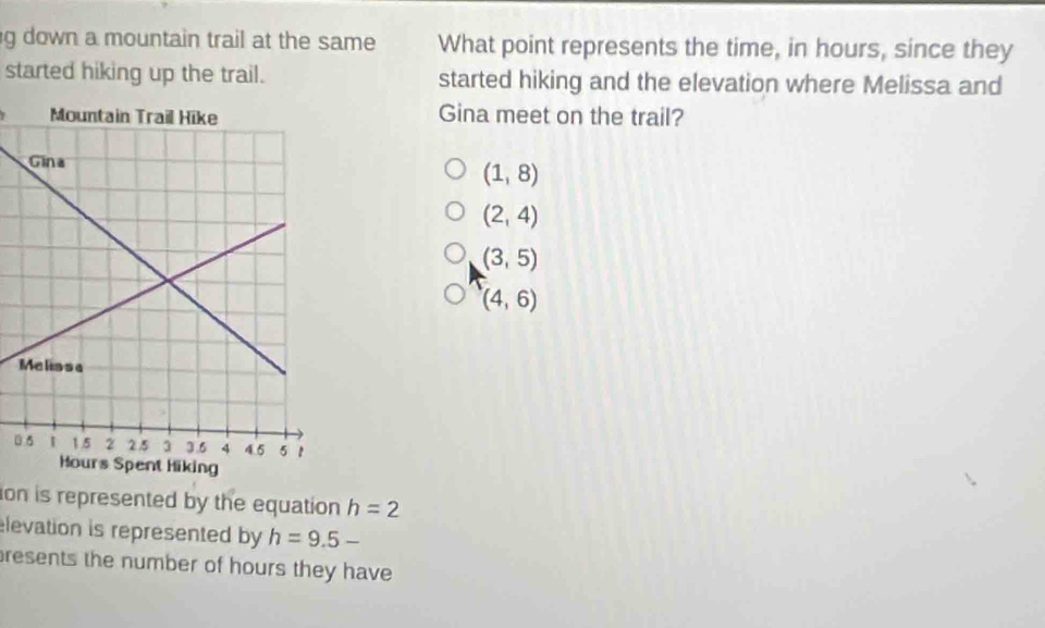 down a mountain trail at the same What point represents the time, in hours, since they
started hiking up the trail. started hiking and the elevation where Melissa and
Gina meet on the trail?
(1,8)
(2,4)
(3,5)
(4,6)
0
on is represented by the equation h=2
elevation is represented by h=9.5-
resents the number of hours they have