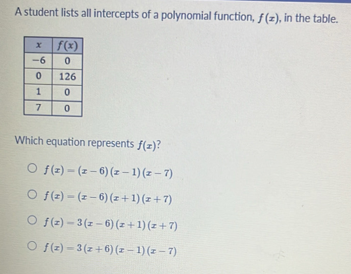 A student lists all intercepts of a polynomial function, f(x) , in the table.
Which equation represents f(x)
f(x)=(x-6)(x-1)(x-7)
f(x)=(x-6)(x+1)(x+7)
f(x)=3(x-6)(x+1)(x+7)
f(x)=3(x+6)(x-1)(x-7)