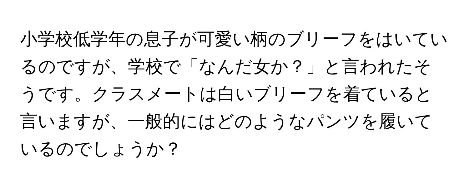 小学校低学年の息子が可愛い柄のブリーフをはいているのですが、学校で「なんだ女か？」と言われたそうです。クラスメートは白いブリーフを着ていると言いますが、一般的にはどのようなパンツを履いているのでしょうか？