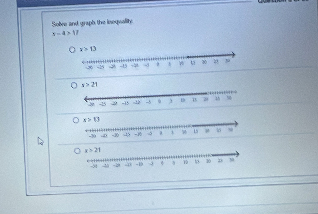 Solve and graph the inequality.
x-4>17